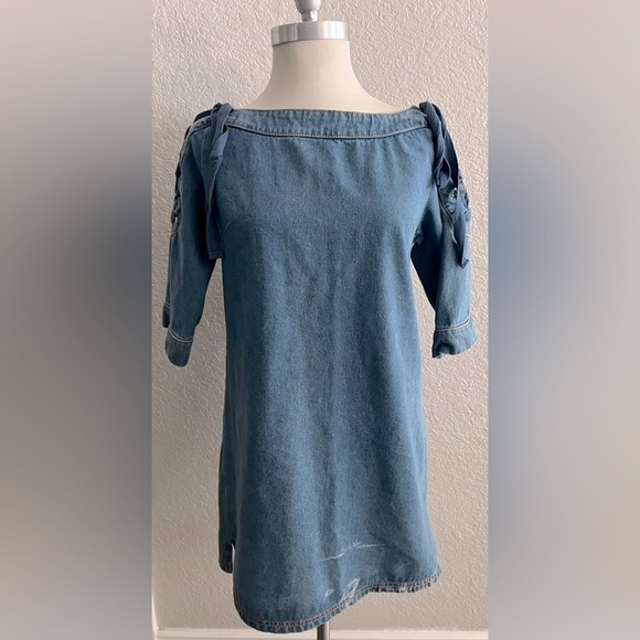 Mauve Dresses & Skirts - Anthropologie Maeve denim Shift Dress Size XS lace up sleeve w bleach at bottom